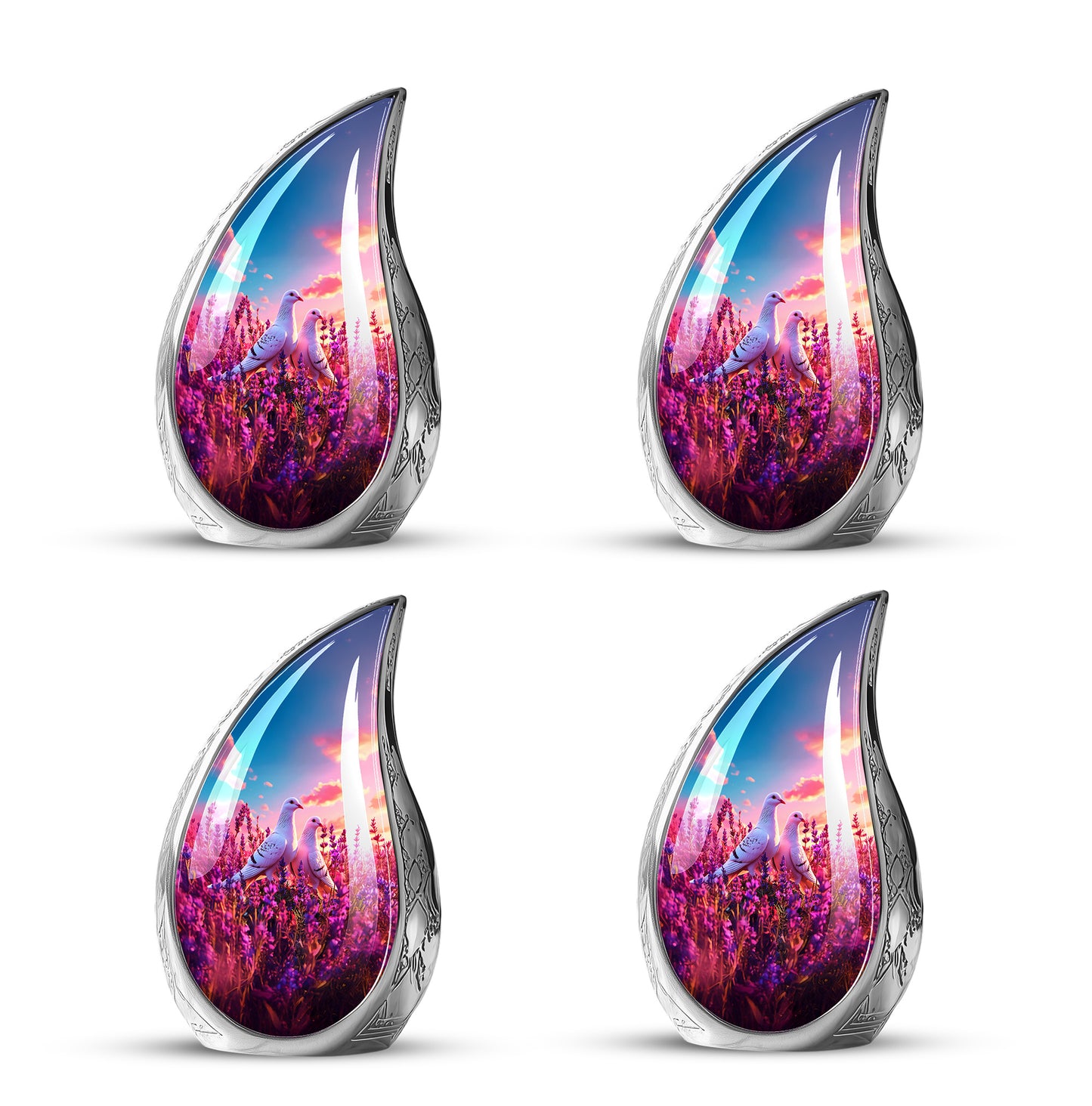 Slate Blue Dove Cremation Urn close-up of engraving and surface detail - flowing teardrop dove silhouette on curved aluminum - 10 inch aluminum urn for cremated remains