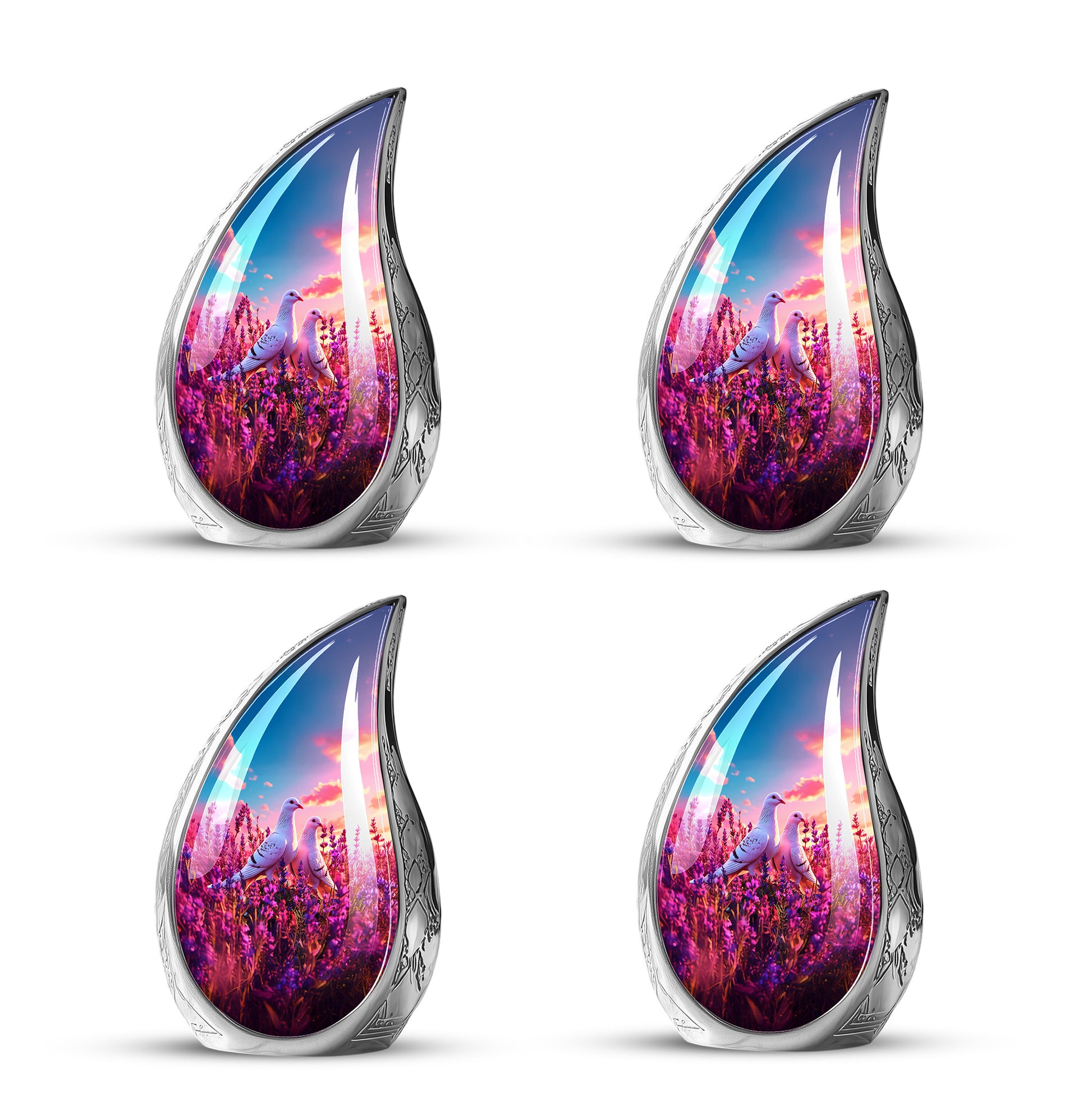 Slate Blue Dove Cremation Urn close-up of engraving and surface detail - flowing teardrop dove silhouette on curved aluminum - 10 inch aluminum urn for cremated remains