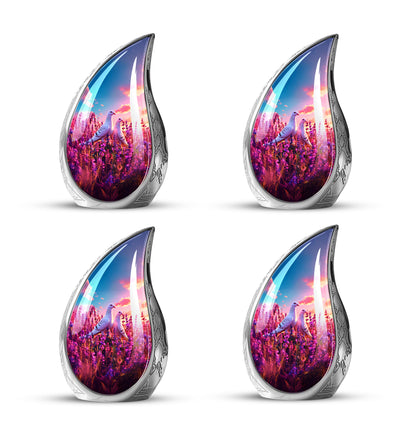 Slate Blue Dove Cremation Urn close-up of engraving and surface detail - flowing teardrop dove silhouette on curved aluminum - 10 inch aluminum urn for cremated remains