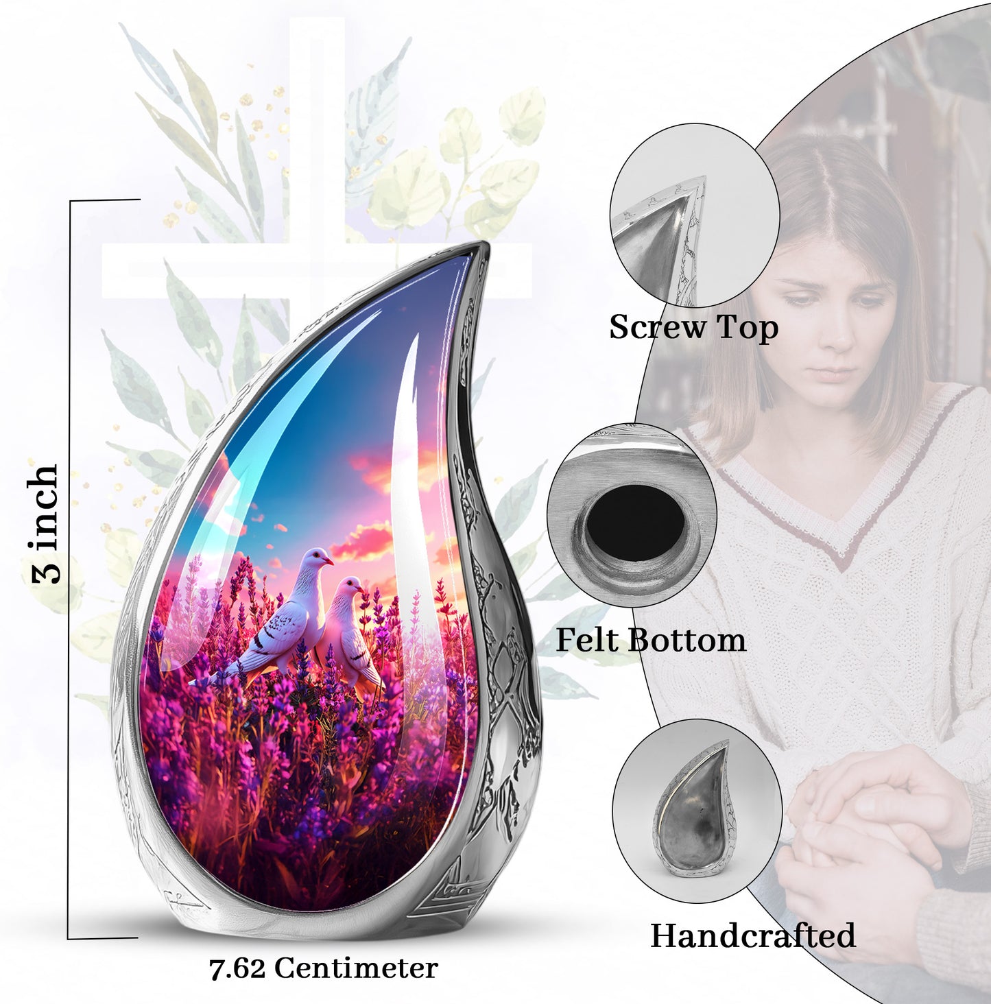 Serene Blue Dove Cremation Urn angled view of lid and engraved motif - graceful tear-shaped urn with dove motif - mini keepsake memorial for portion of cremation ashes