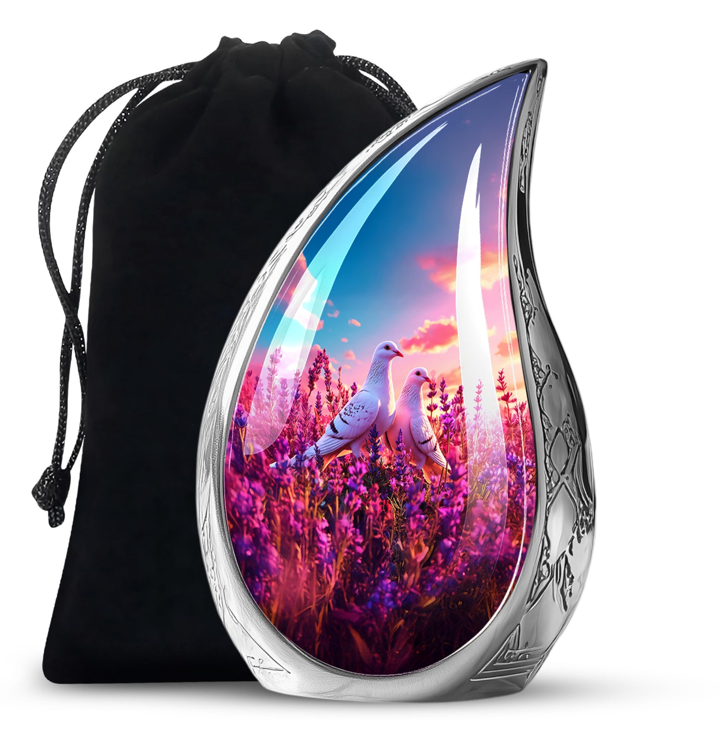 Slate Blue Dove Cremation Urn front view showing detailed design - flowing teardrop dove silhouette on curved aluminum - full-size 10 inch 200 cubic inch adult cremation urn