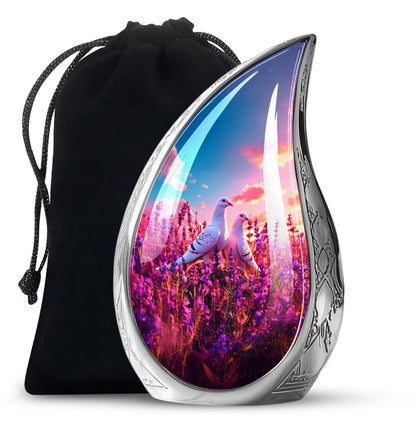 Slate Blue Dove Cremation Urn front view showing detailed design - flowing teardrop dove silhouette on curved aluminum - full-size 10 inch 200 cubic inch adult cremation urn