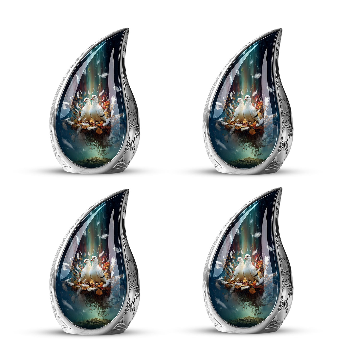 Glossy Black Dove Cremation Urn close-up of engraving and surface detail - flowing teardrop dove silhouette on curved aluminum - 10 inch aluminum urn for cremated remains