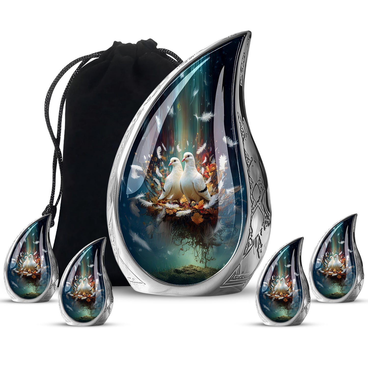 Jet Black Dove Cremation Urn side profile showing urn shape - flowing teardrop dove silhouette on curved aluminum - memorial set with one large and four small urns