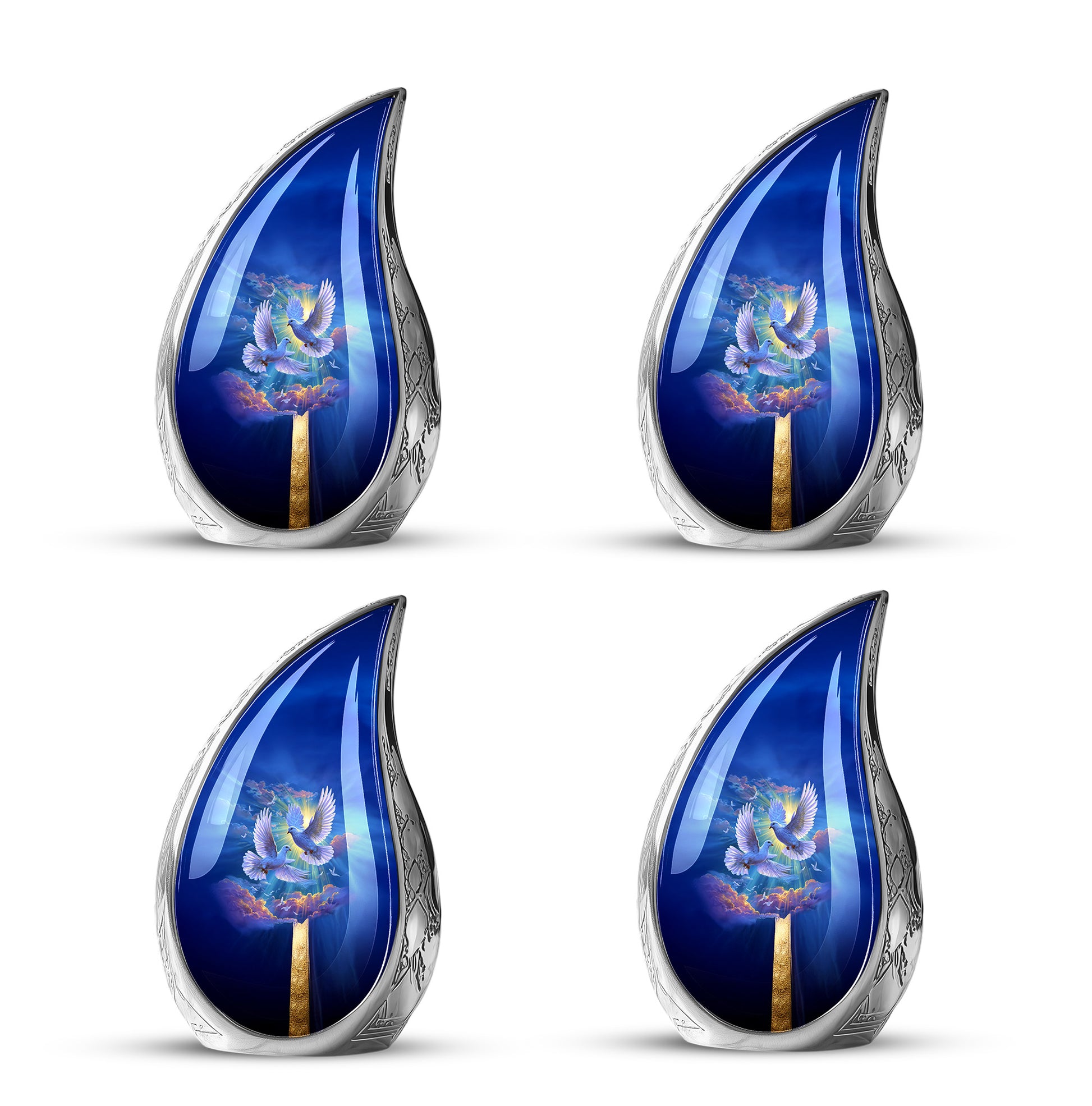 Sky Blue Dove Cremation Urn close-up of engraving and surface detail - flowing teardrop dove silhouette on curved aluminum - 10 inch aluminum urn for cremated remains
