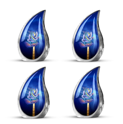 Sky Blue Dove Cremation Urn close-up of engraving and surface detail - flowing teardrop dove silhouette on curved aluminum - 10 inch aluminum urn for cremated remains