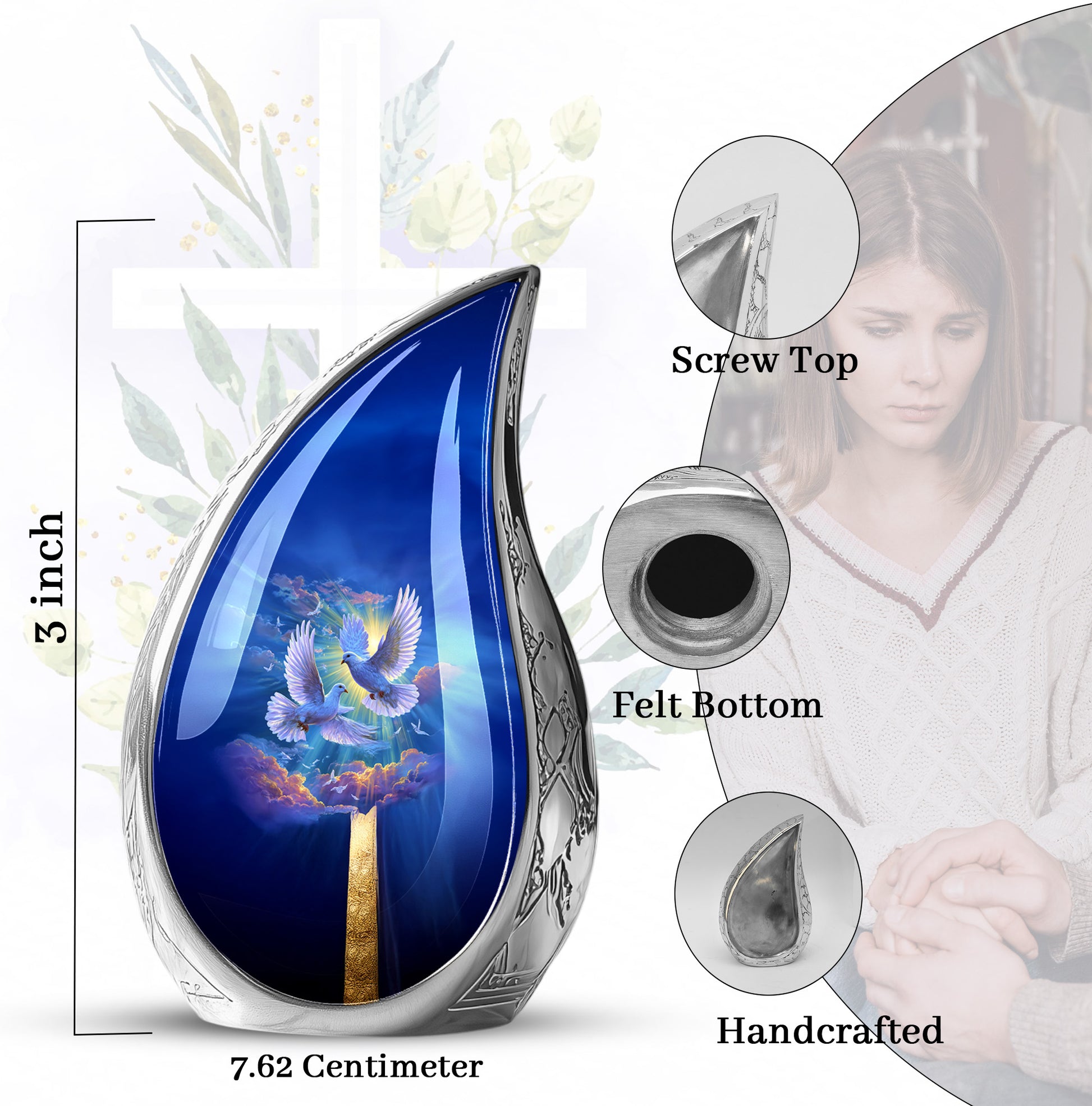 Azure Dove Cremation Urn angled view of lid and engraved motif - flowing teardrop dove silhouette on curved aluminum - mini keepsake memorial for portion of cremation ashes