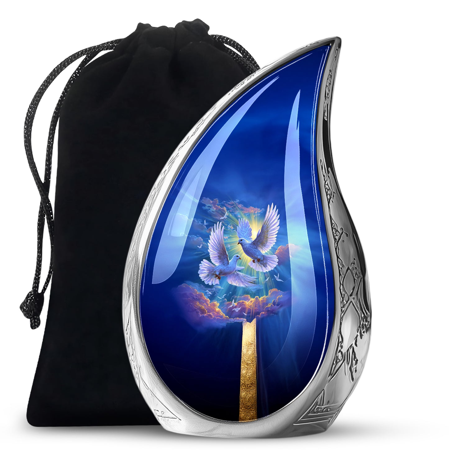 Pastel Blue Dove Cremation Urn front view showing detailed design - rounded teardrop dove design with delicate detail - full-size 10 inch 200 cubic inch adult cremation urn
