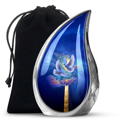 Pastel Blue Dove Cremation Urn front view showing detailed design - rounded teardrop dove design with delicate detail - full-size 10 inch 200 cubic inch adult cremation urn