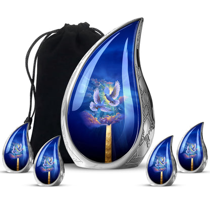 Soft Blue Dove Cremation Urn side profile showing urn shape - graceful tear-shaped urn with dove motif - memorial set with one large and four small urns