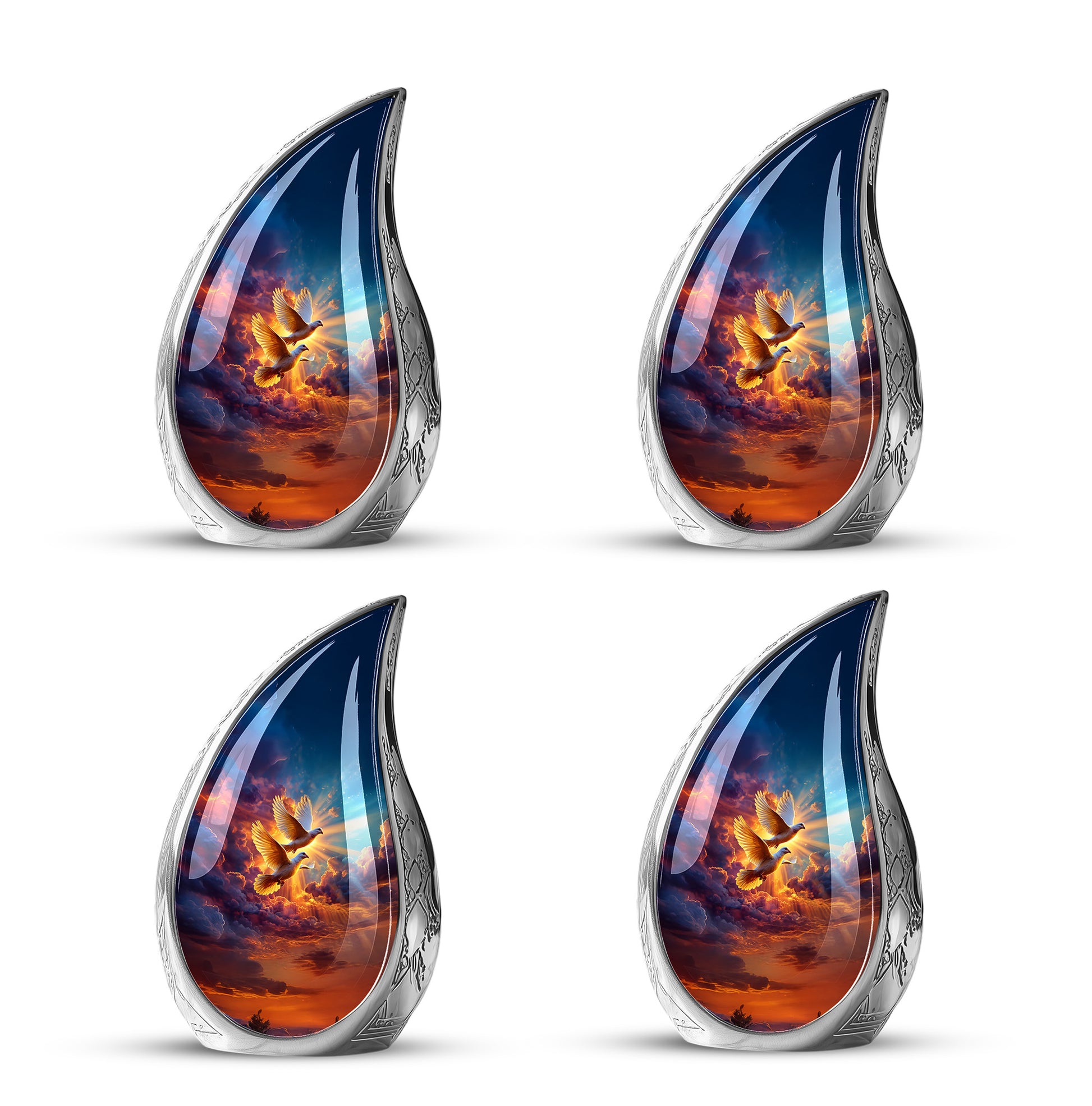 Azure Dove Cremation Urn close-up of engraving and surface detail - rounded teardrop dove design with delicate detail - 10 inch aluminum urn for cremated remains