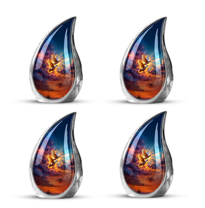 Azure Dove Cremation Urn close-up of engraving and surface detail - rounded teardrop dove design with delicate detail - 10 inch aluminum urn for cremated remains
