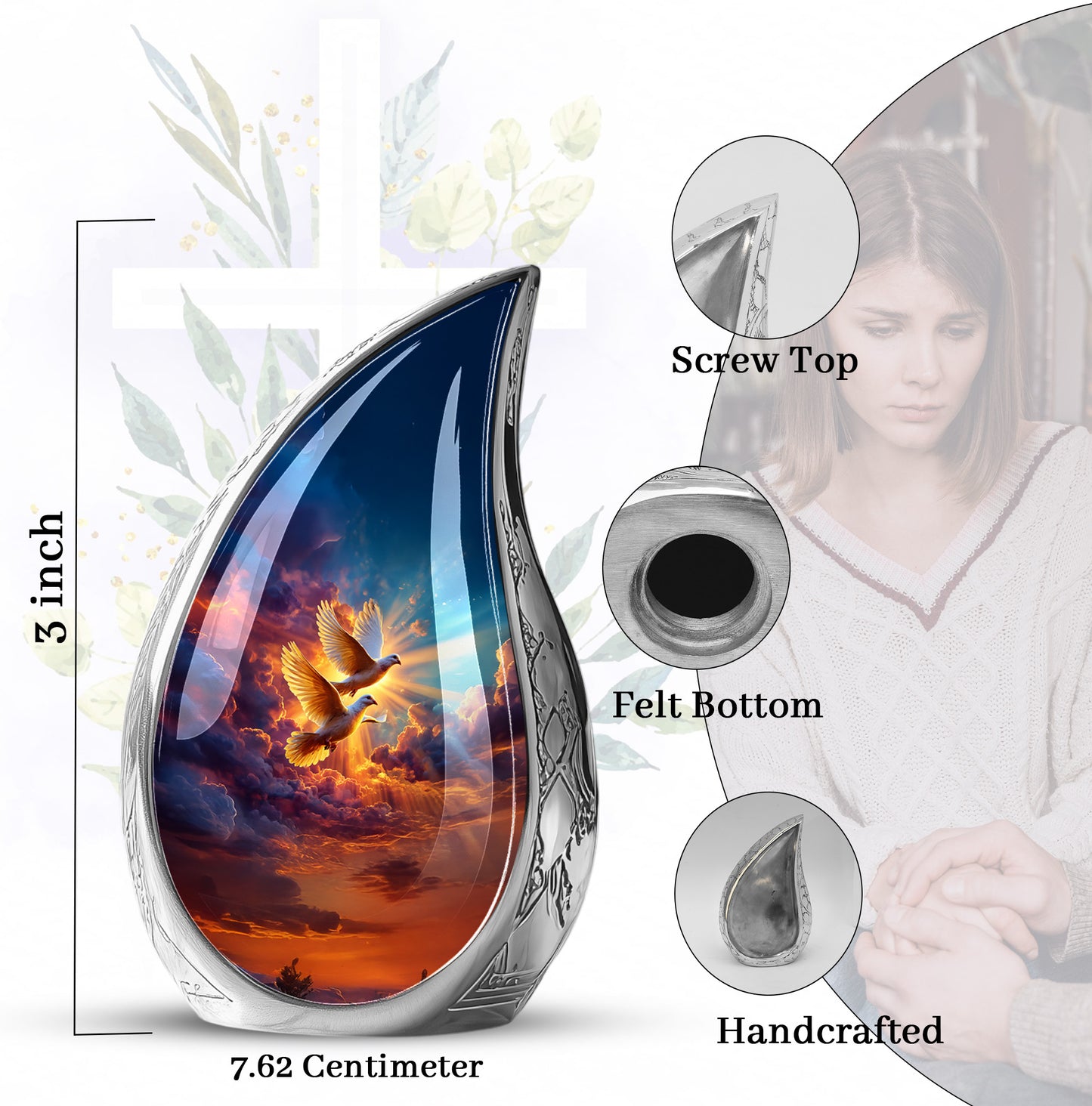 Cobalt Blue Dove Cremation Urn angled view of lid and engraved motif - smooth teardrop contour featuring dove art - mini keepsake memorial for portion of cremation ashes