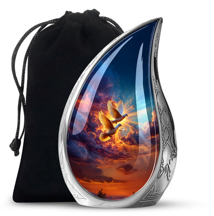 Cornflower Blue Dove Cremation Urn front view showing detailed design - graceful tear-shaped urn with dove motif - full-size 10 inch 200 cubic inch adult cremation urn