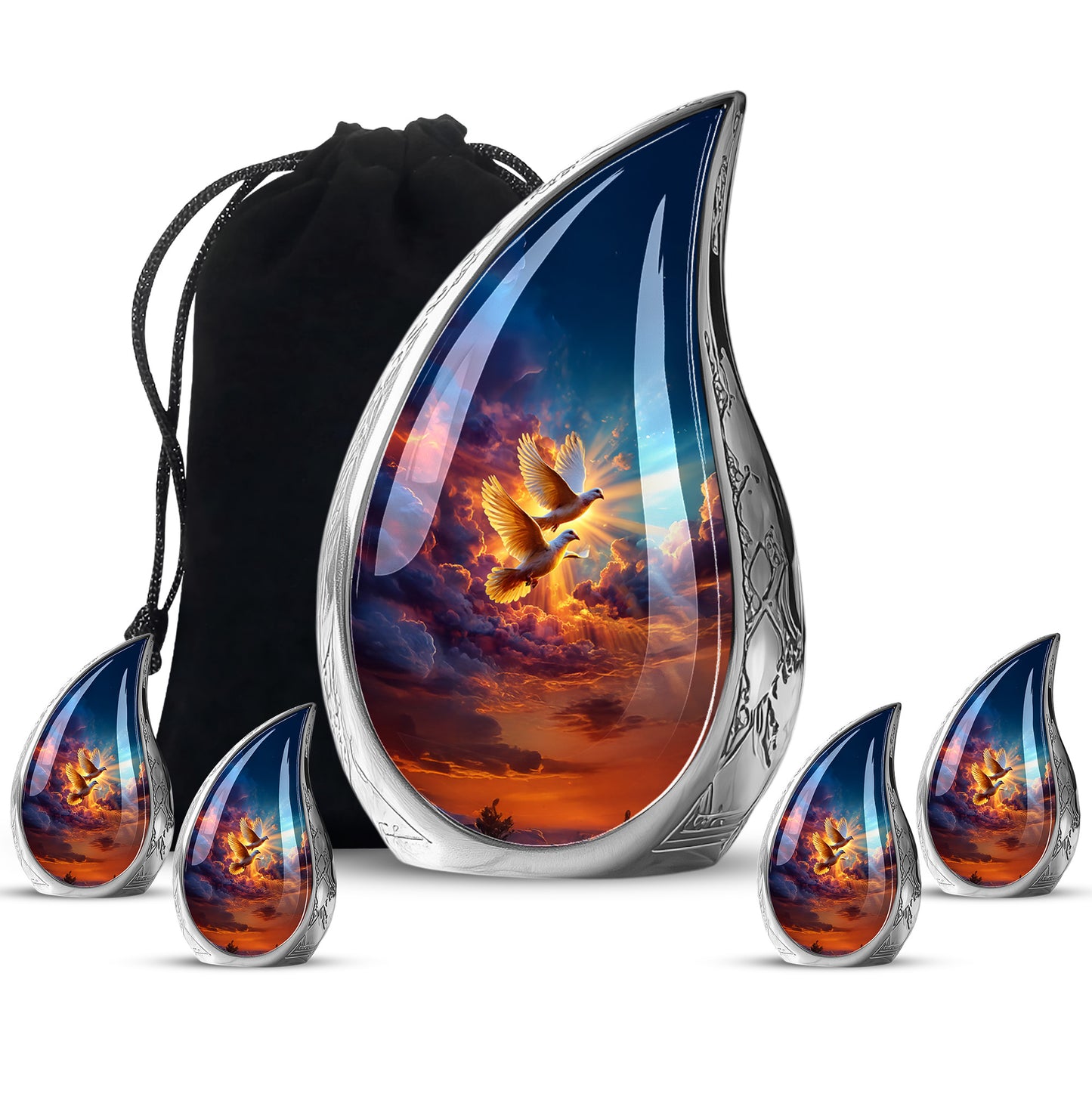 Pastel Blue Dove Cremation Urn side profile showing urn shape - rounded teardrop dove design with delicate detail - memorial set with one large and four small urns