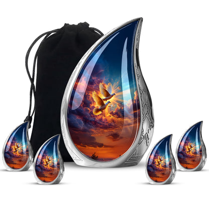 Pastel Blue Dove Cremation Urn side profile showing urn shape - rounded teardrop dove design with delicate detail - memorial set with one large and four small urns