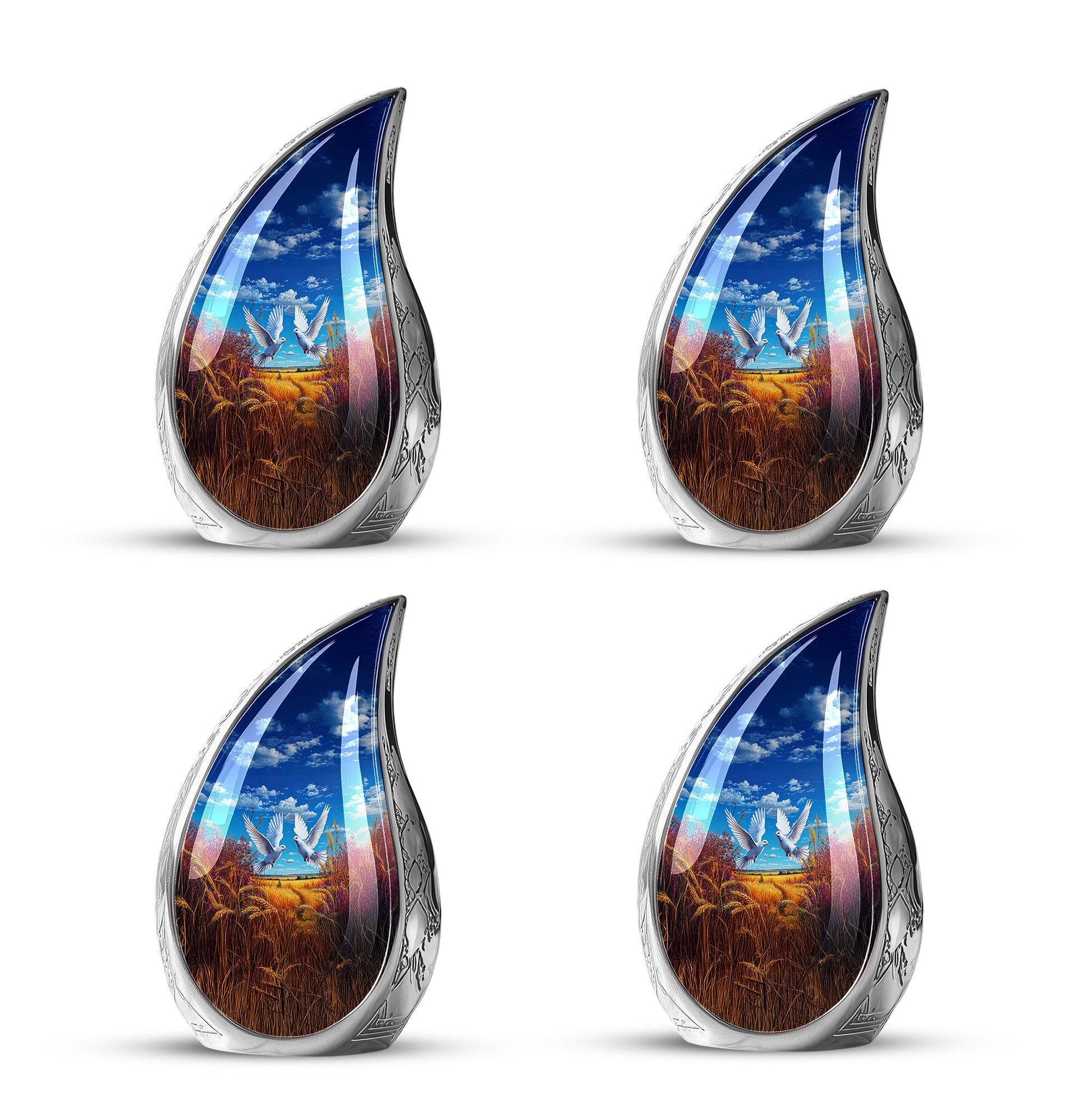 Vivid Blue Dove Cremation Urn close-up of engraving and surface detail - graceful tear-shaped urn with dove motif - 10 inch aluminum urn for cremated remains