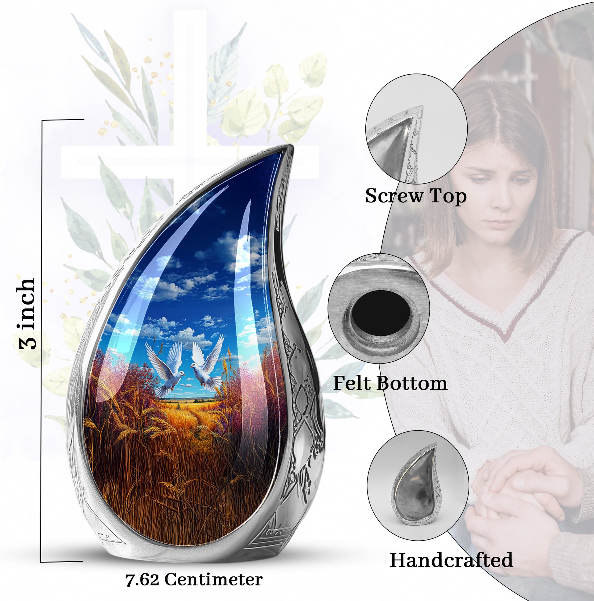 Calming Blue Dove Cremation Urn angled view of lid and engraved motif - smooth teardrop contour featuring dove art - mini keepsake memorial for portion of cremation ashes