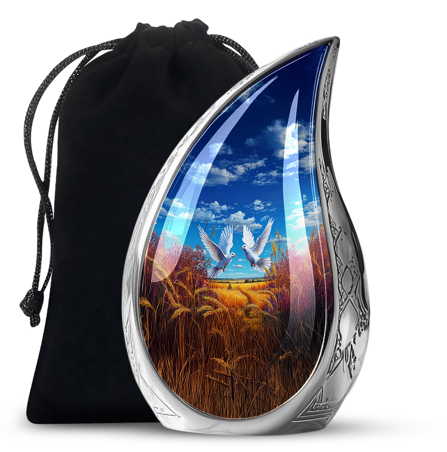 Celestial Blue Dove Cremation Urn front view showing detailed design - flowing teardrop dove silhouette on curved aluminum - full-size 10 inch 200 cubic inch adult cremation urn