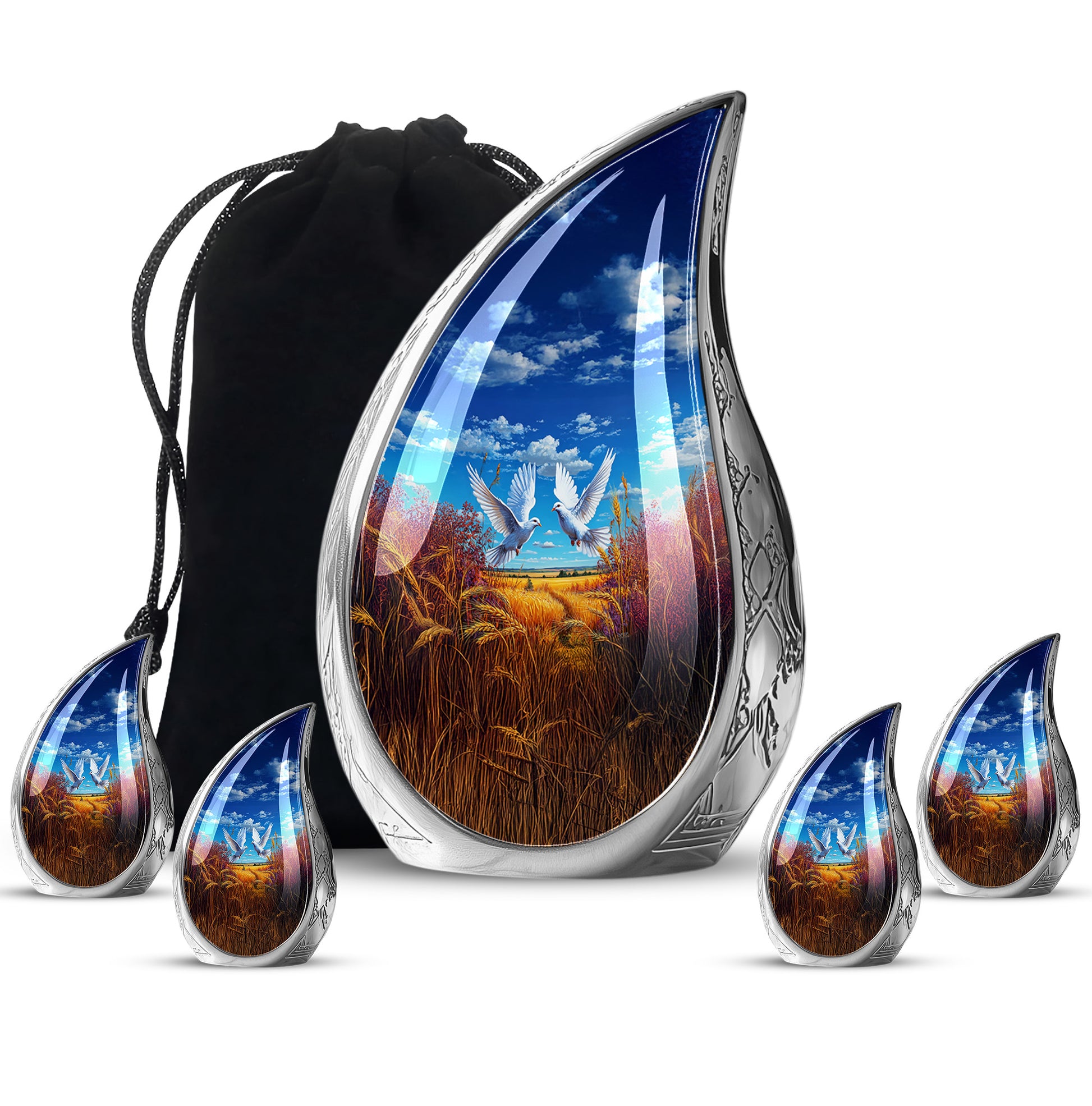 Indigo Dove Cremation Urn side profile showing urn shape - rounded teardrop dove design with delicate detail - memorial set with one large and four small urns