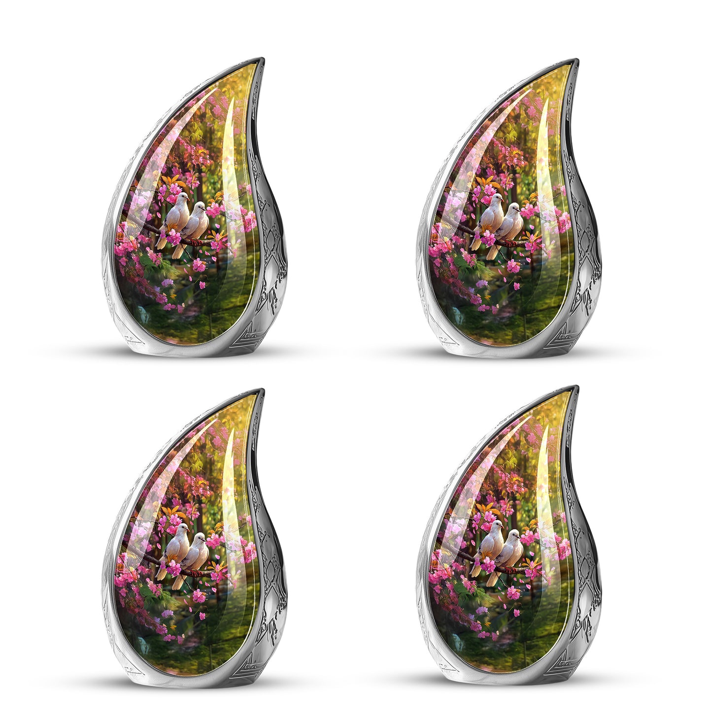 Obsidian Black Dove Cremation Urn close-up of engraving and surface detail - smooth teardrop contour featuring dove art - 10 inch aluminum urn for cremated remains