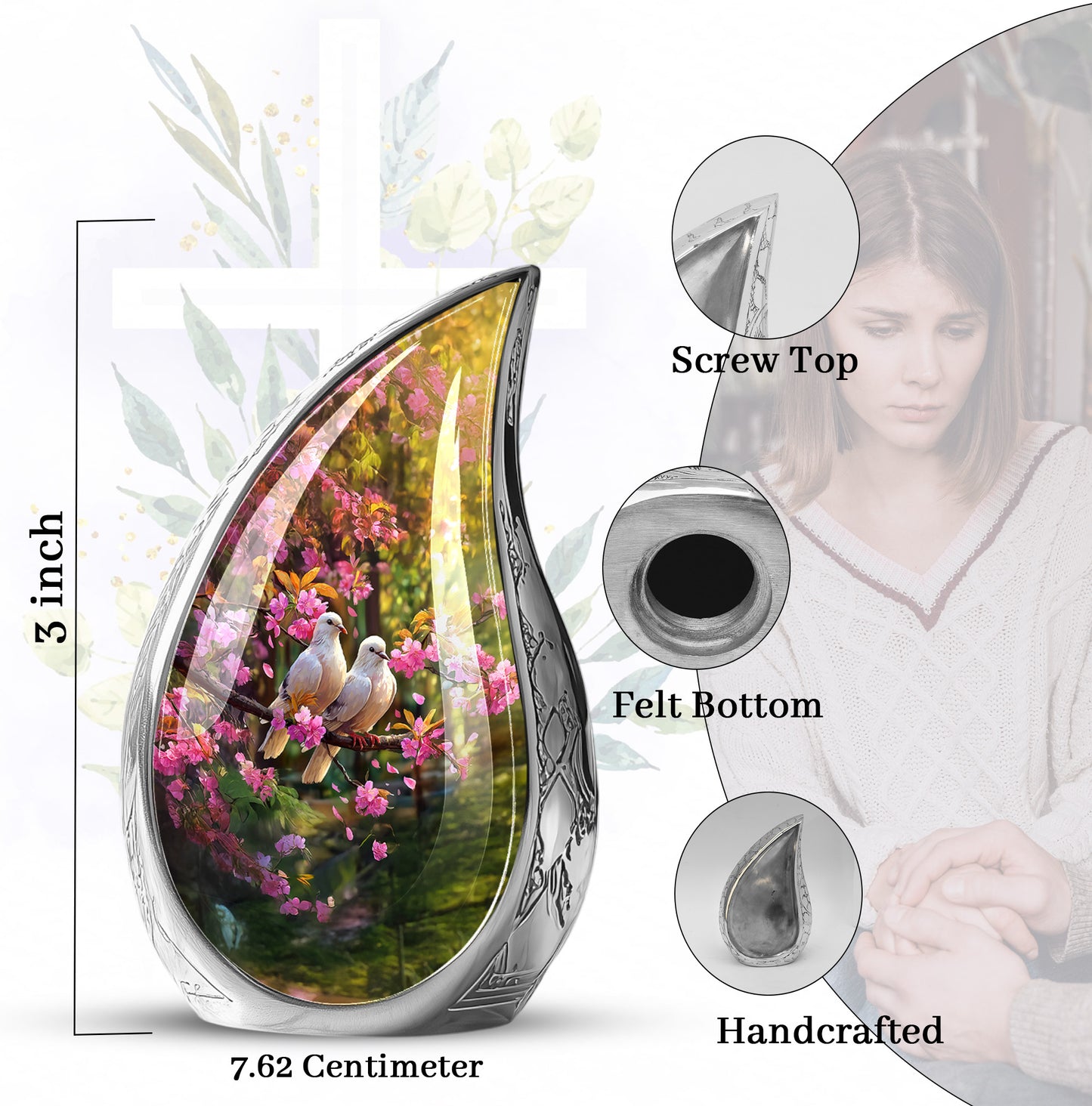 Glossy Black Dove Cremation Urn angled view of lid and engraved motif - rounded teardrop dove design with delicate detail - mini keepsake memorial for portion of cremation ashes