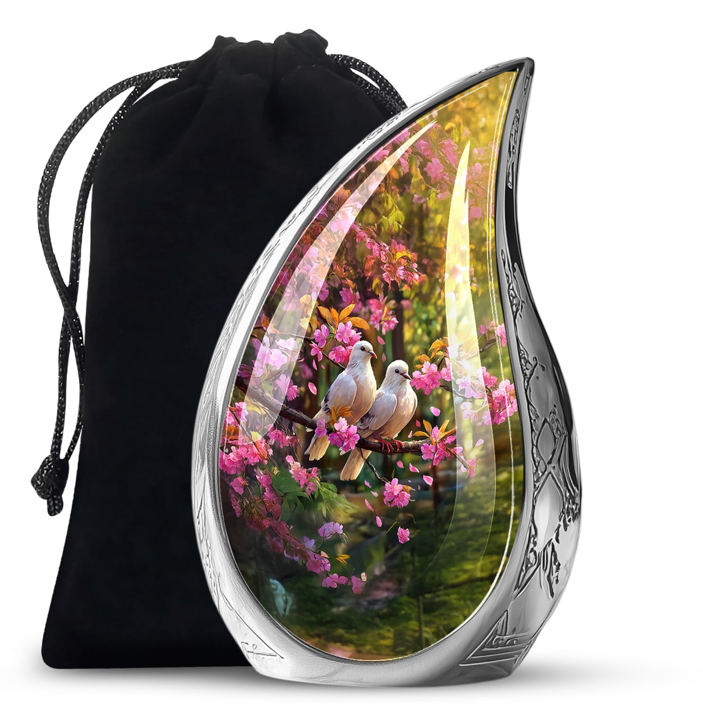 Glossy Black Dove Cremation Urn front view showing detailed design - flowing teardrop dove silhouette on curved aluminum - full-size 10 inch 200 cubic inch adult cremation urn