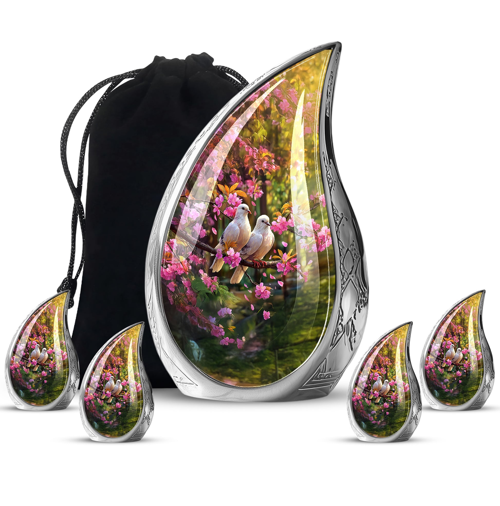 Onyx Black Dove Cremation Urn side profile showing urn shape - smooth teardrop contour featuring dove art - memorial set with one large and four small urns