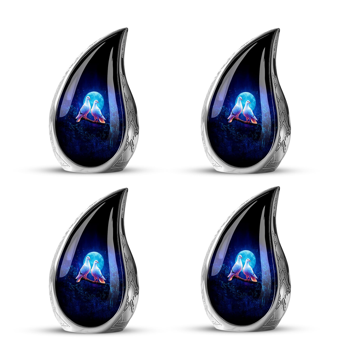 Navy Blue Dove Cremation Urn close-up of engraving and surface detail - flowing teardrop dove silhouette on curved aluminum - 10 inch aluminum urn for cremated remains