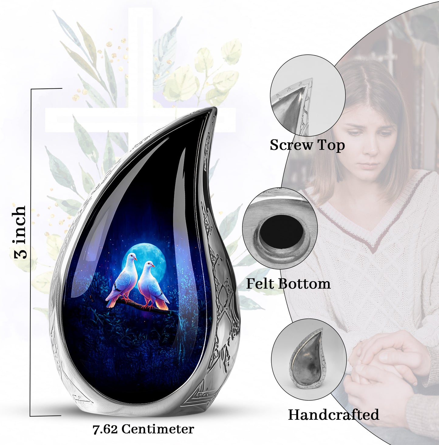Azure Dove Cremation Urn angled view of lid and engraved motif - rounded teardrop dove design with delicate detail - mini keepsake memorial for portion of cremation ashes
