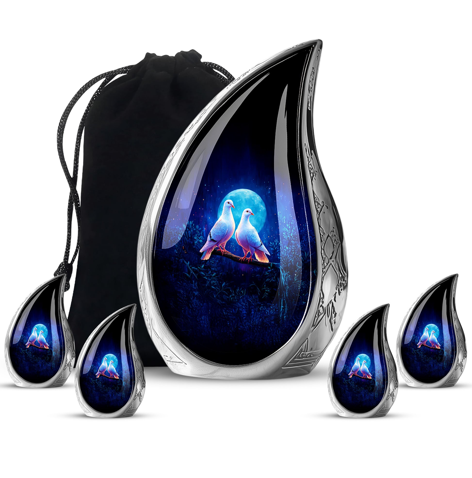 Bright Blue Dove Cremation Urn side profile showing urn shape - smooth teardrop contour featuring dove art - memorial set with one large and four small urns