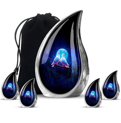 Bright Blue Dove Cremation Urn side profile showing urn shape - smooth teardrop contour featuring dove art - memorial set with one large and four small urns