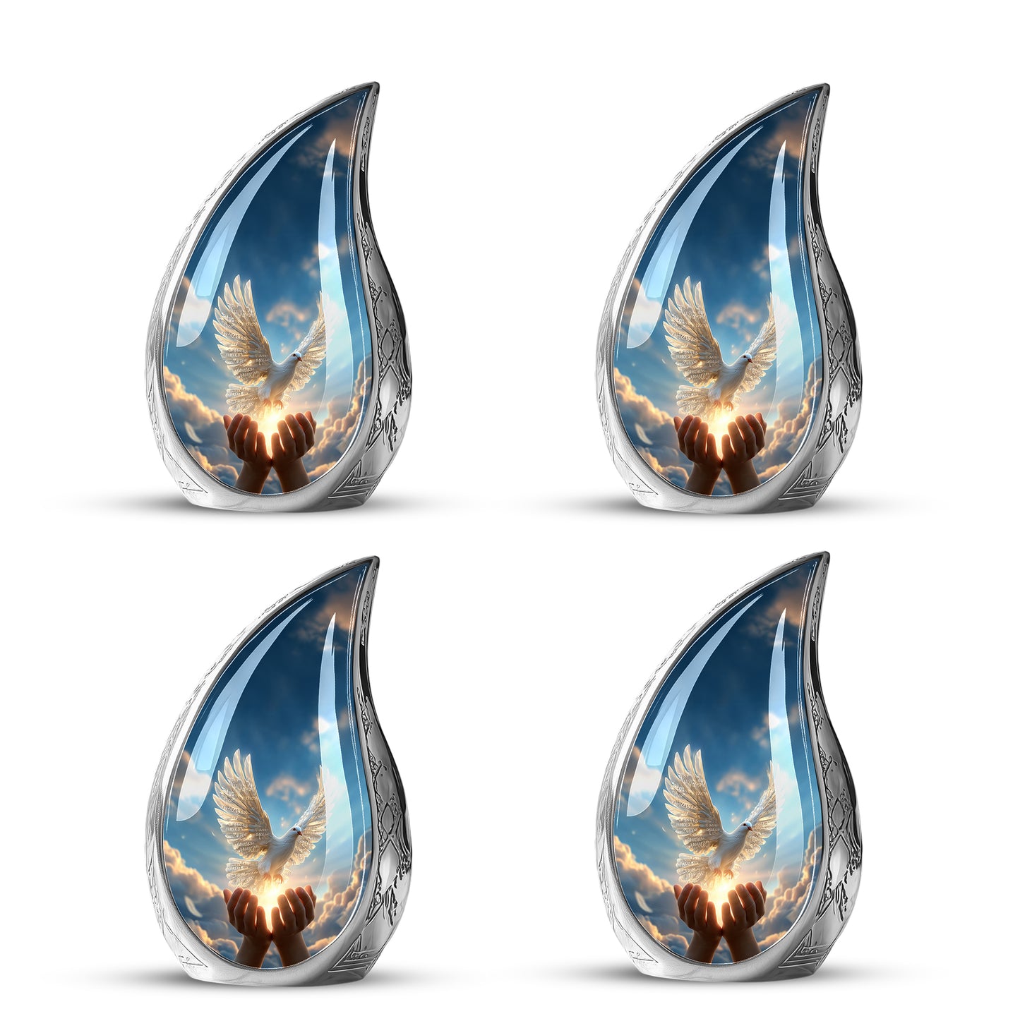 Bright Blue Dove Cremation Urn close-up of engraving and surface detail - graceful tear-shaped urn with dove motif - 10 inch aluminum urn for cremated remains