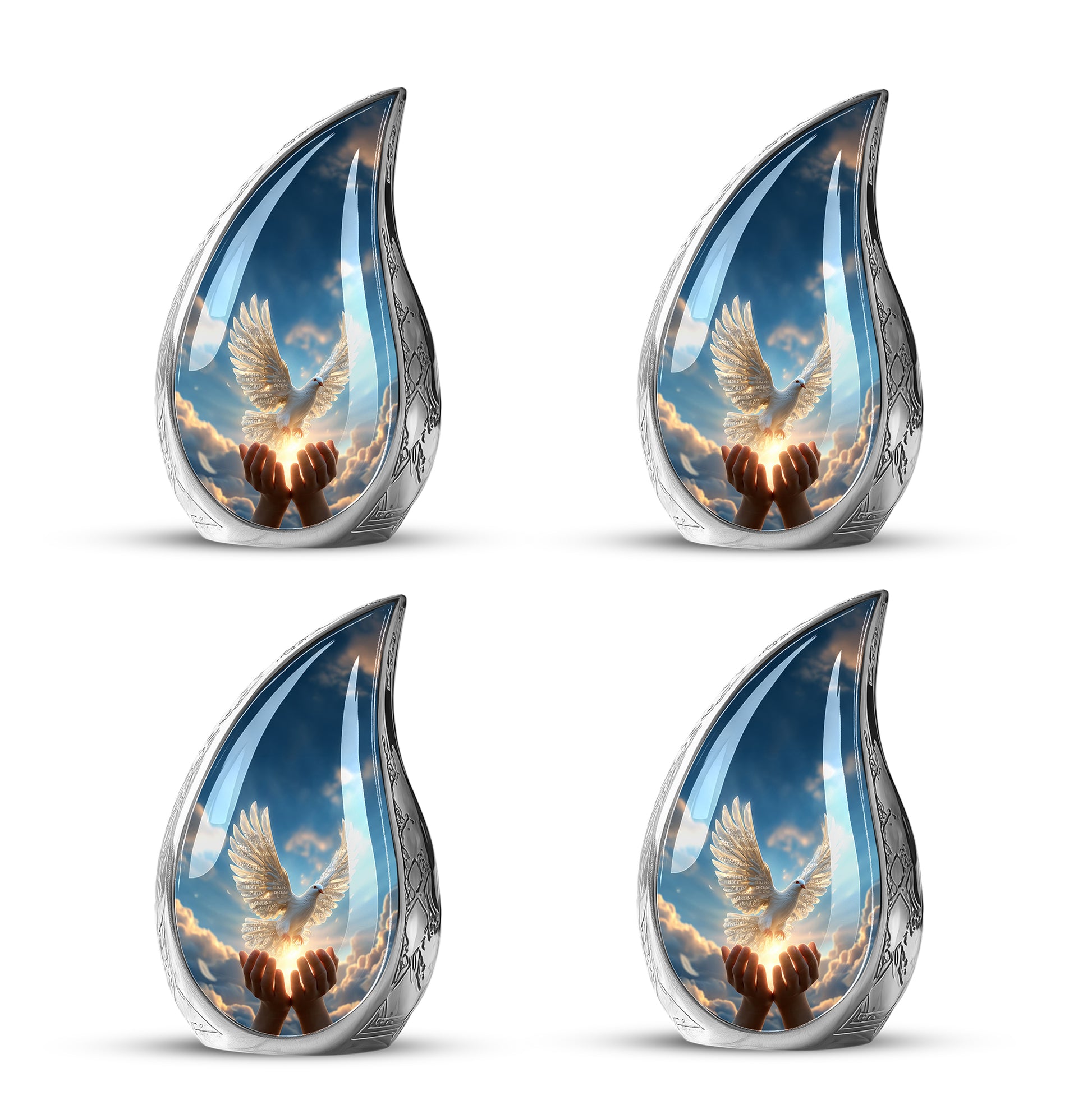 Bright Blue Dove Cremation Urn close-up of engraving and surface detail - graceful tear-shaped urn with dove motif - 10 inch aluminum urn for cremated remains