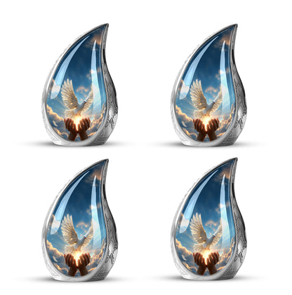 Bright Blue Dove Cremation Urn close-up of engraving and surface detail - graceful tear-shaped urn with dove motif - 10 inch aluminum urn for cremated remains
