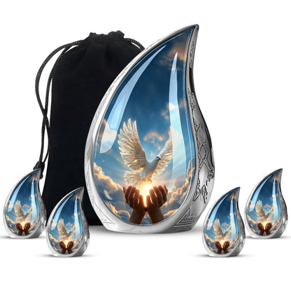 Serene Blue Dove Cremation Urn side profile showing urn shape - graceful tear-shaped urn with dove motif - memorial set with one large and four small urns