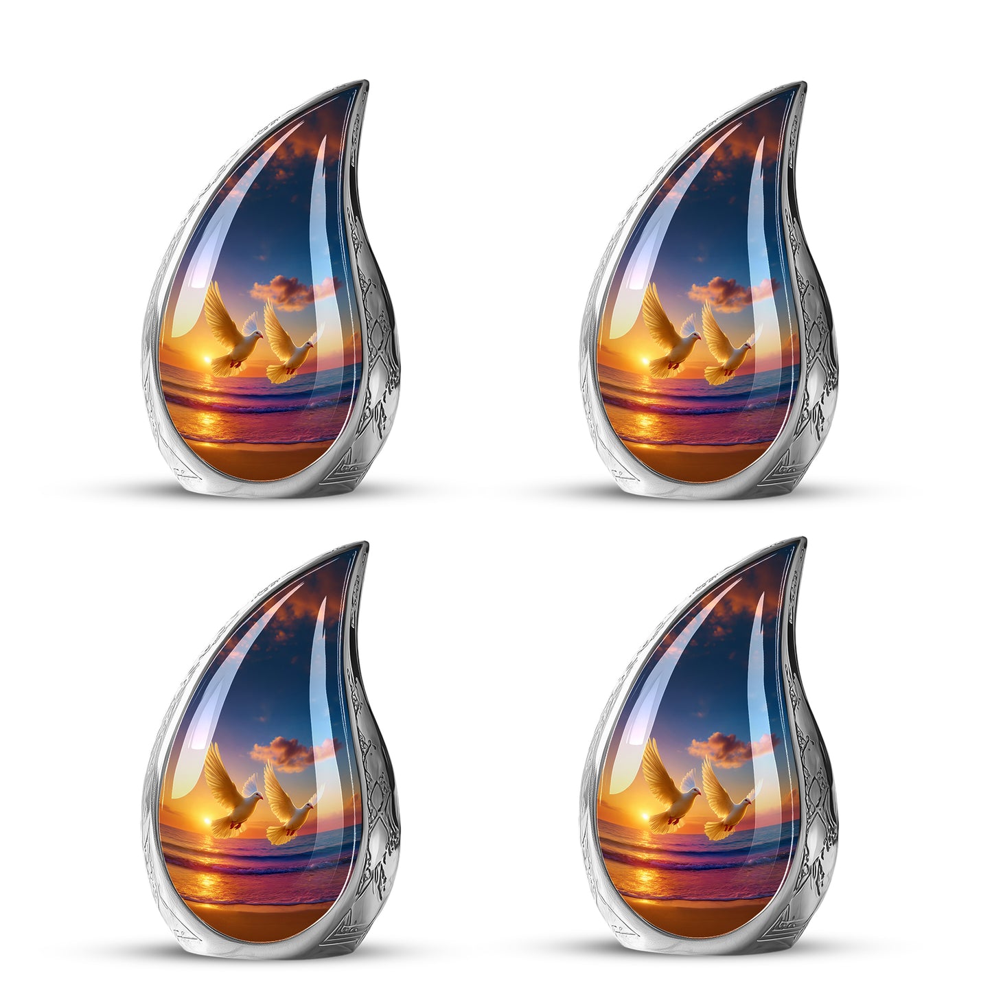 Royal Blue Dove Cremation Urn close-up of engraving and surface detail - graceful tear-shaped urn with dove motif - 10 inch aluminum urn for cremated remains
