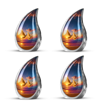 Royal Blue Dove Cremation Urn close-up of engraving and surface detail - graceful tear-shaped urn with dove motif - 10 inch aluminum urn for cremated remains