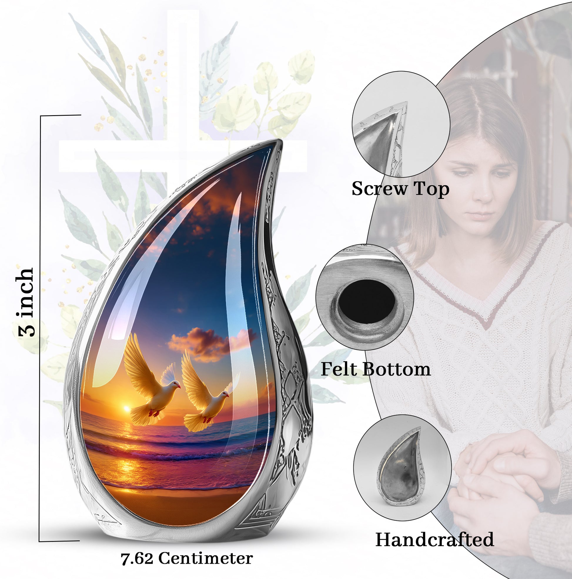 Calming Blue Dove Cremation Urn angled view of lid and engraved motif - smooth teardrop contour featuring dove art - mini keepsake memorial for portion of cremation ashes