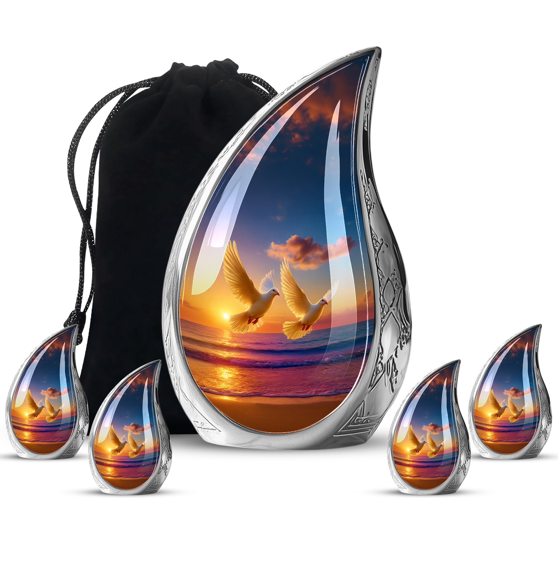 Sapphire Blue Dove Cremation Urn side profile showing urn shape - graceful tear-shaped urn with dove motif - memorial set with one large and four small urns
