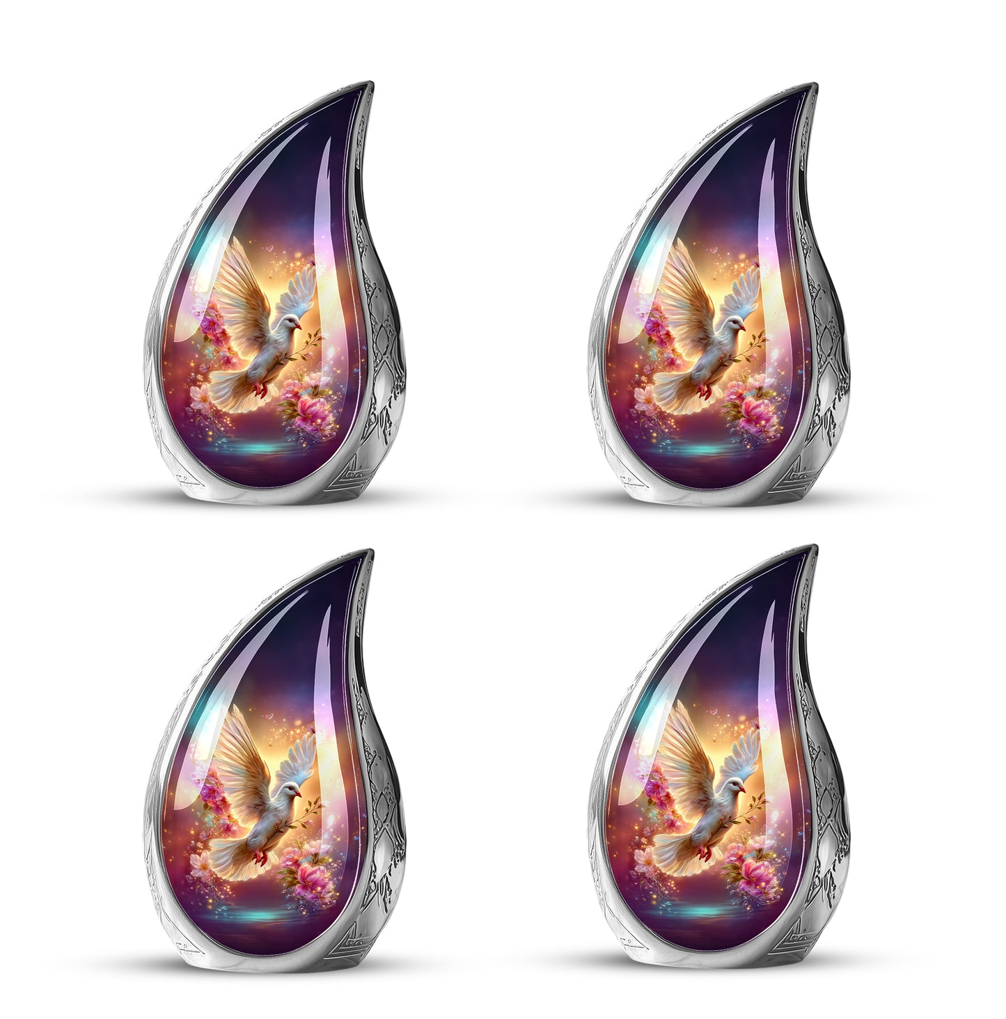 Navy Blue Dove Cremation Urn close-up of engraving and surface detail - rounded teardrop dove design with delicate detail - 10 inch aluminum urn for cremated remains
