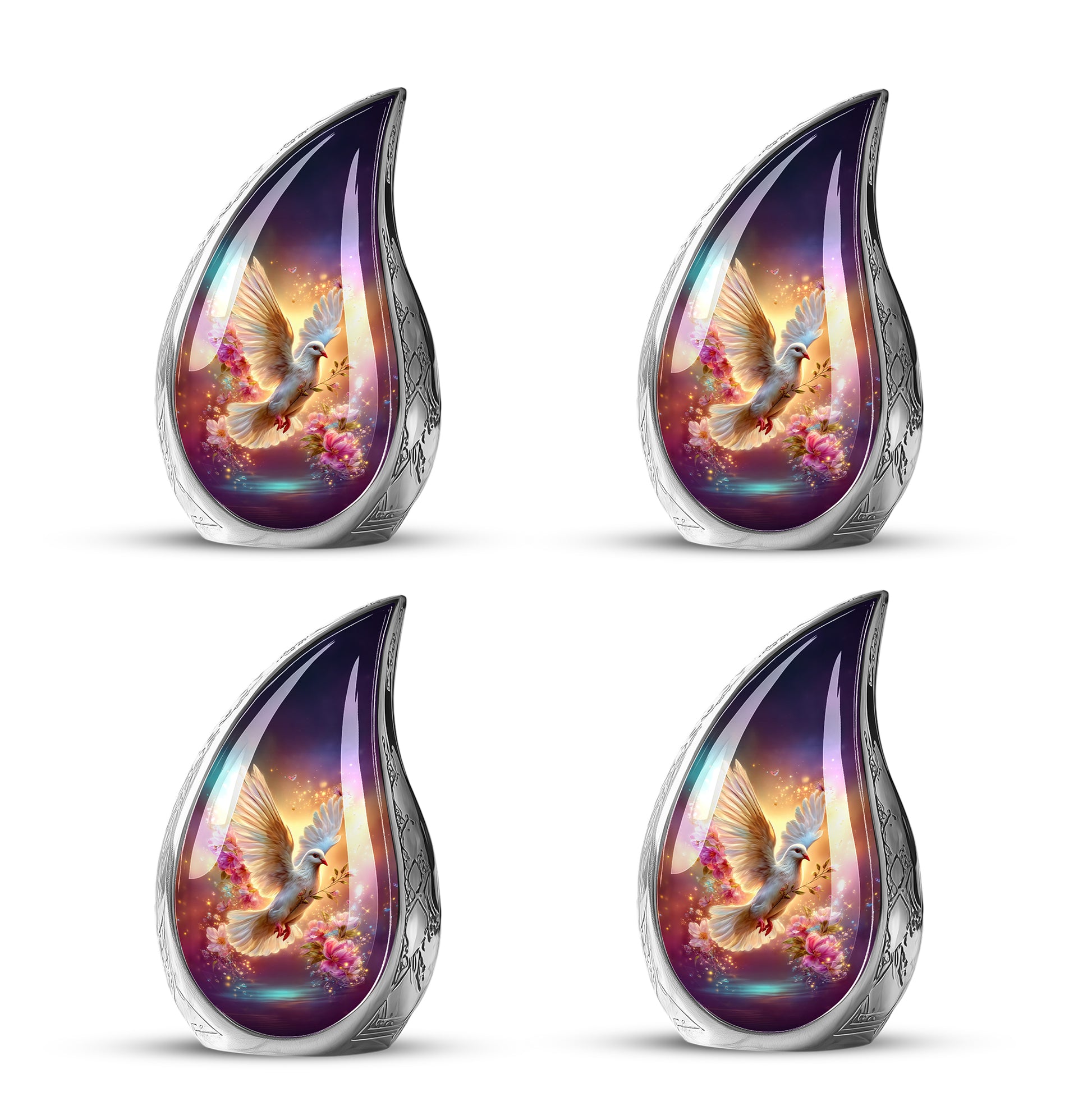 Navy Blue Dove Cremation Urn close-up of engraving and surface detail - rounded teardrop dove design with delicate detail - 10 inch aluminum urn for cremated remains