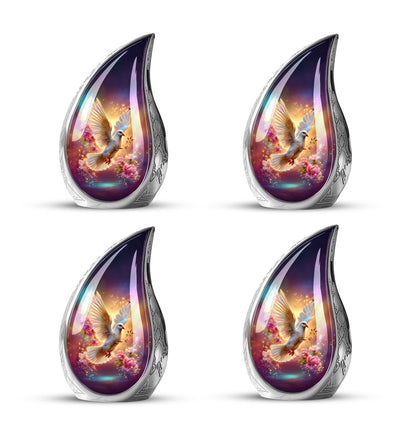Navy Blue Dove Cremation Urn close-up of engraving and surface detail - rounded teardrop dove design with delicate detail - 10 inch aluminum urn for cremated remains