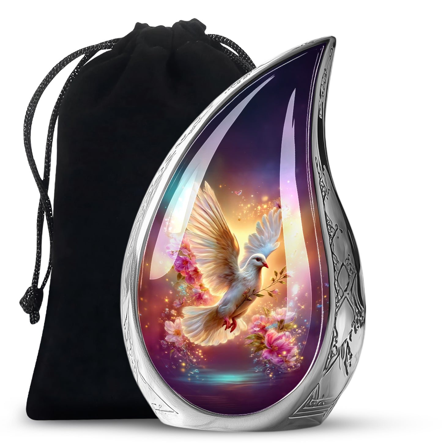 Vivid Blue Dove Cremation Urn front view showing detailed design - smooth teardrop contour featuring dove art - full-size 10 inch 200 cubic inch adult cremation urn