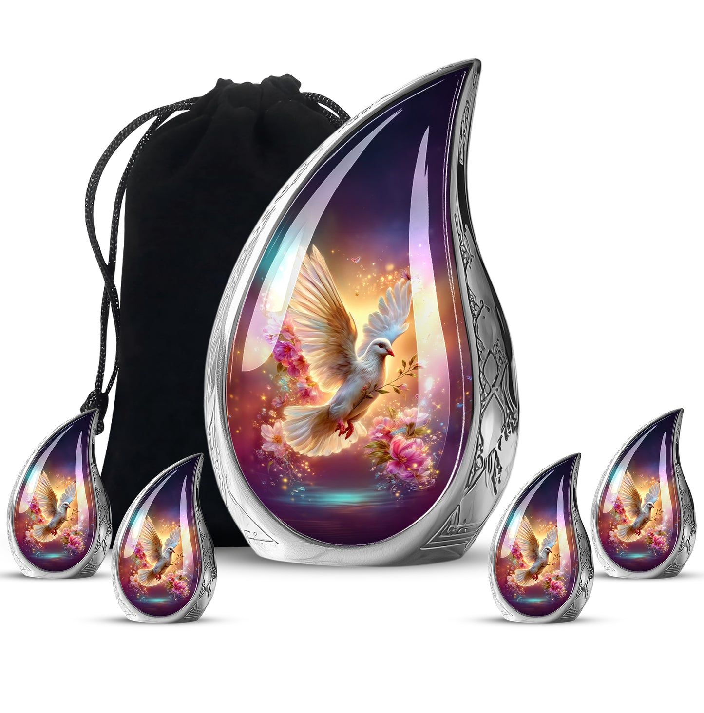 Misty Blue Dove Cremation Urn side profile showing urn shape - flowing teardrop dove silhouette on curved aluminum - memorial set with one large and four small urns