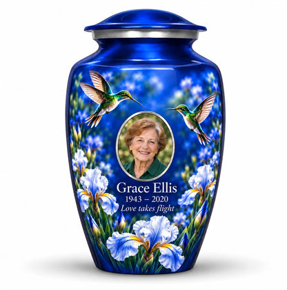 Blue Hummingbird Iris Photo Cremation Urn | Yatskia