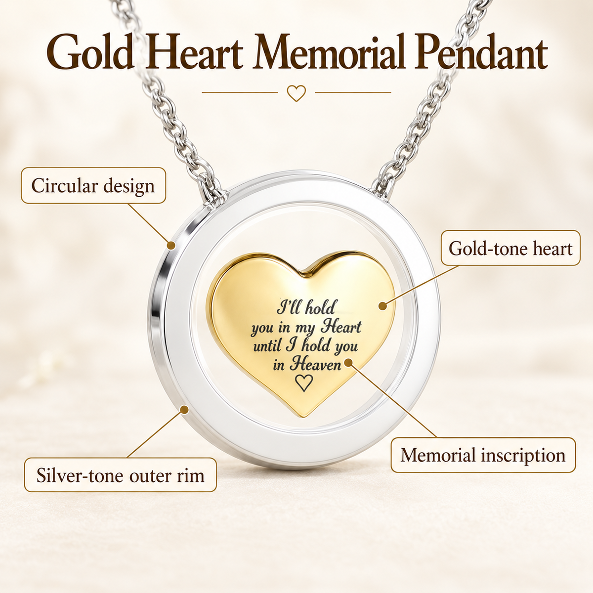 Silver-Tone Urn Pendant with Golden Heart | Memorial Necklace