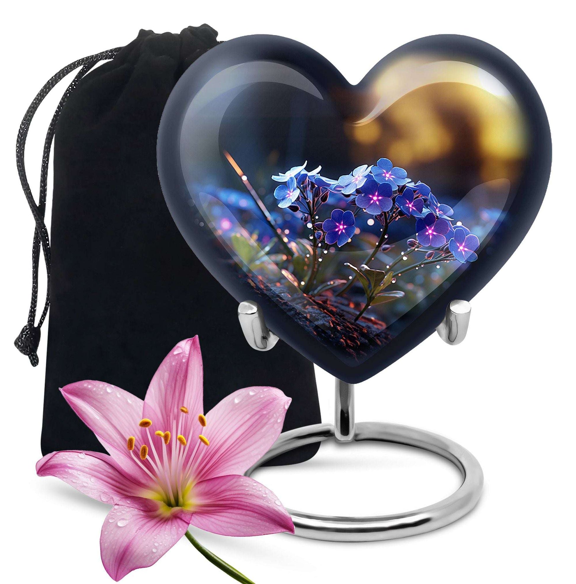 Blue Floral Memorial Urn for Adults - Black Floral Urns For Ashes Adult Male