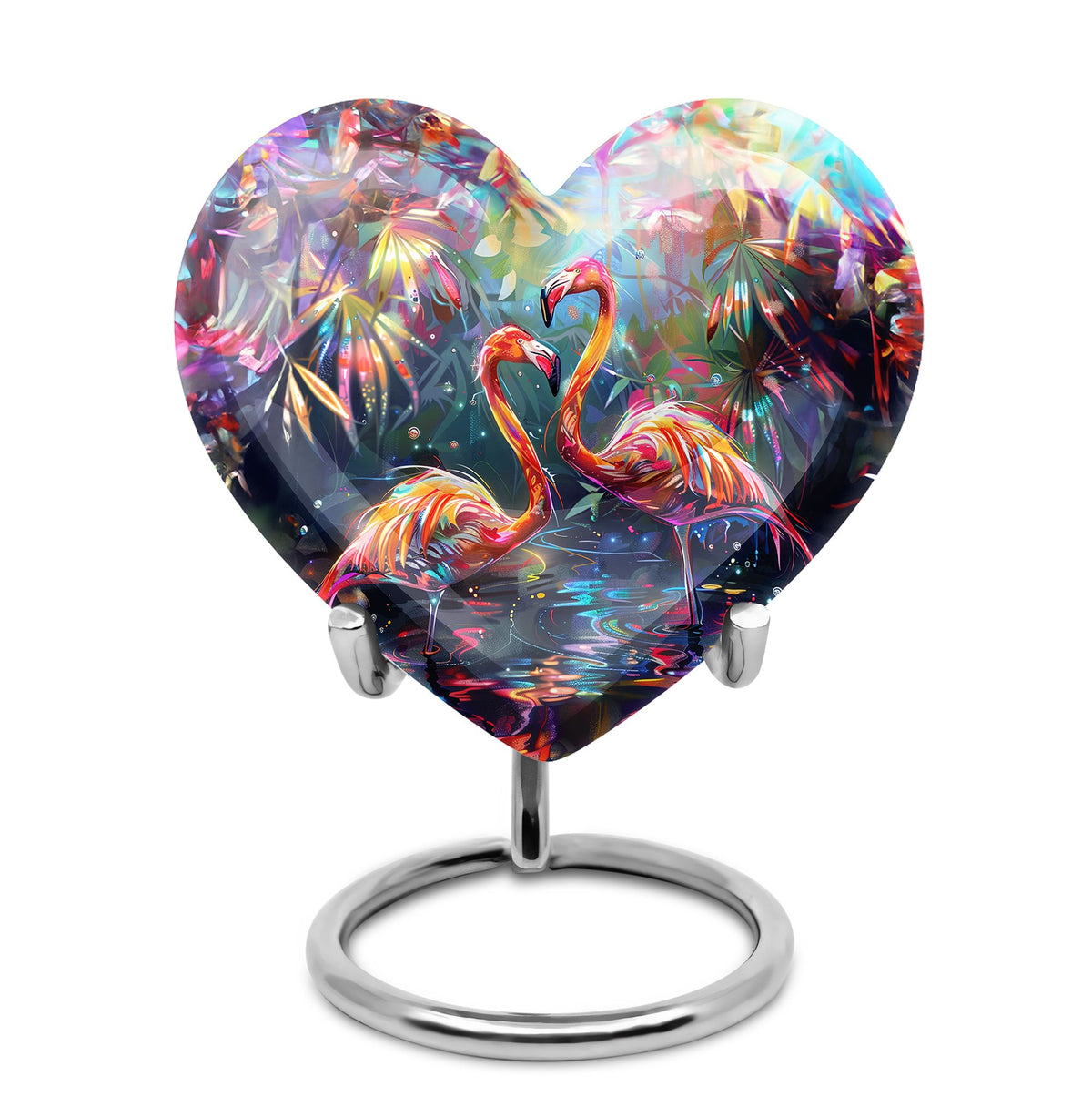 Bird Urn for Ashes, Two Flamingos in Dark Tropical Foliage, Memorial Urn