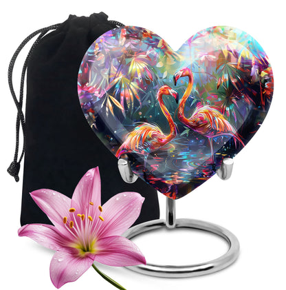 Bird Urn for Ashes, Two Flamingos in Dark Tropical Foliage, Memorial Urn